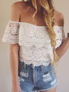 Romwe Ruffle Off-the-shoulder Crop Lace Top