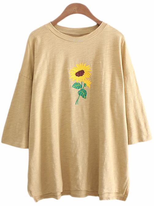 Romwe Yellow Dip Hem Sunflower Embroidery T-shirt