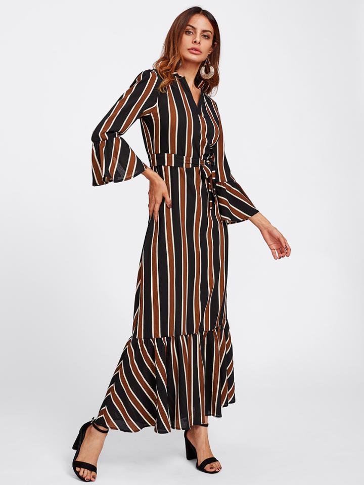 Romwe Block Striped Tie Waist Fluted Sleeve Dress