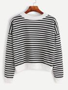 Romwe White Striped Dropped Shoulder Seam Sweatshirt