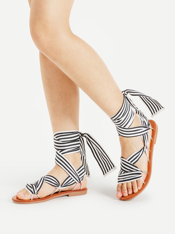 Romwe Striped Criss Cross Tie Leg Flat Sandals