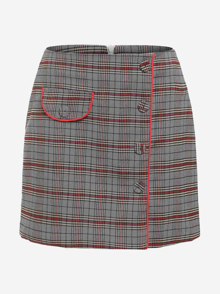 Romwe Single Breasted Checked Skirt