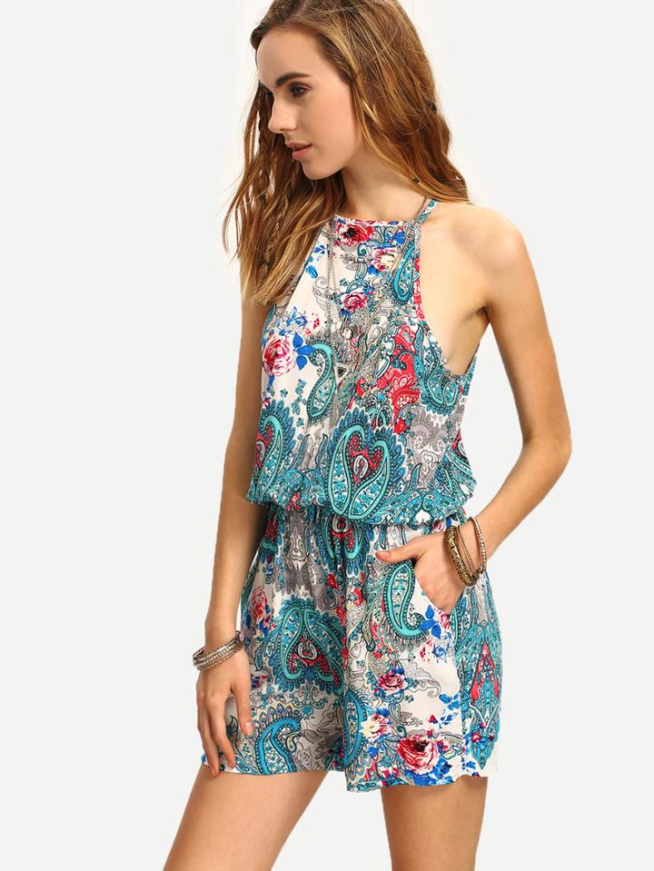 Romwe Keyhole Halter Paisley Print Romper
