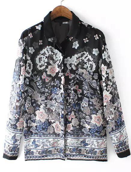 Romwe Lapel Tribal Print Chiffon Blouse