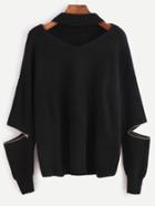 Romwe Black Choker V Neck Sweater With Sleeve Zip Detail
