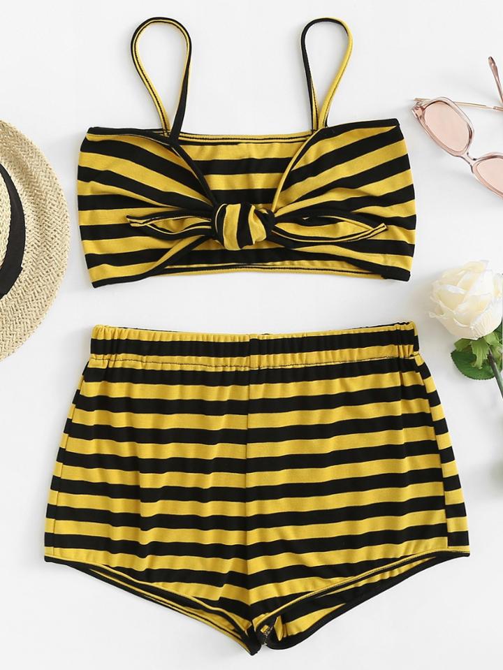 Romwe Knot Front Striped Cami Top With Shorts
