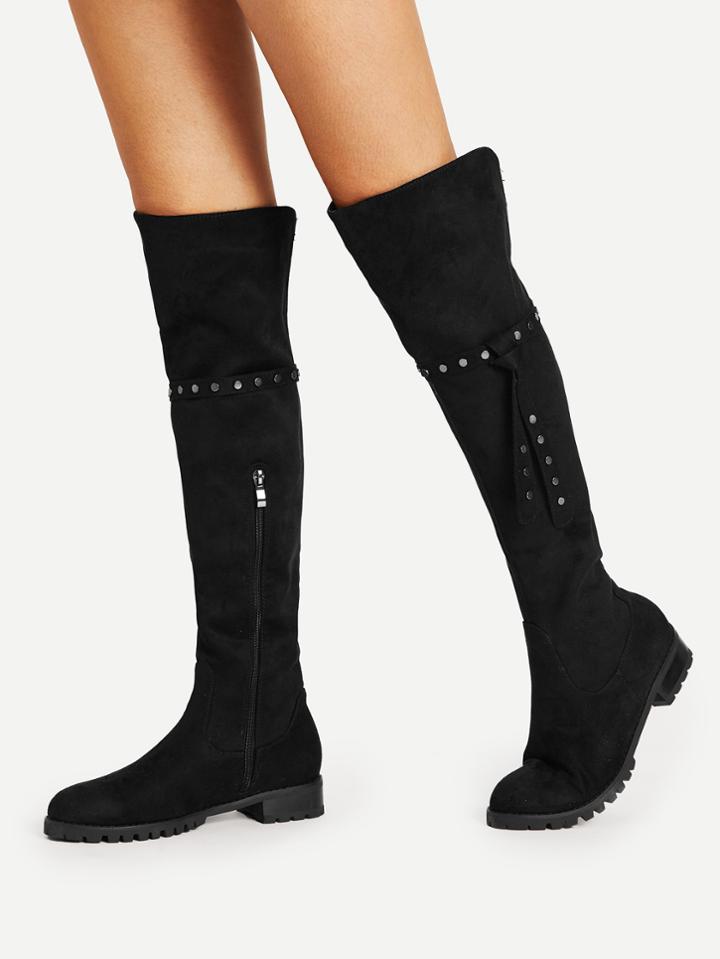 Romwe Studded Detail Knee Length Boots