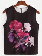 Romwe Black Floral Print Zip Back Sleeveless Top