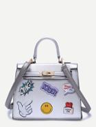 Romwe Silver Pebbled Pu Logo Print Handbag With Strap