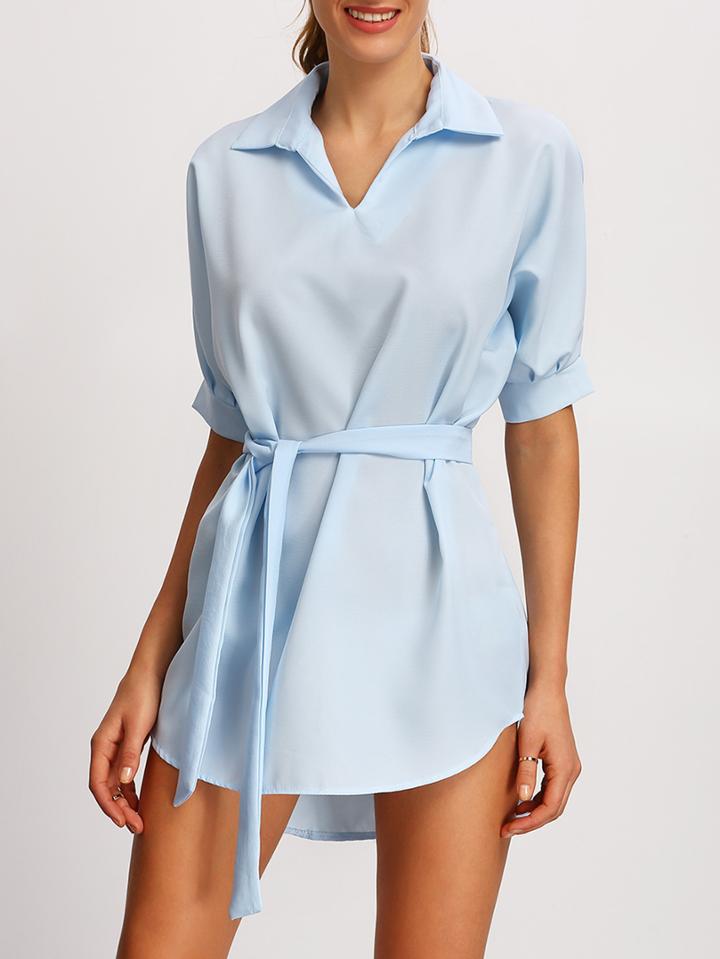 Romwe Blue Dip Hem Shirt Dress With Tie