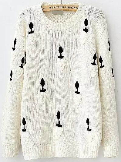 Romwe Round Neck White Strawberry Crochet Sweater