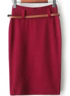 Romwe Bodycon Knit Belt Red Skirt