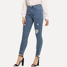 Romwe Beaded Ripped Jeans
