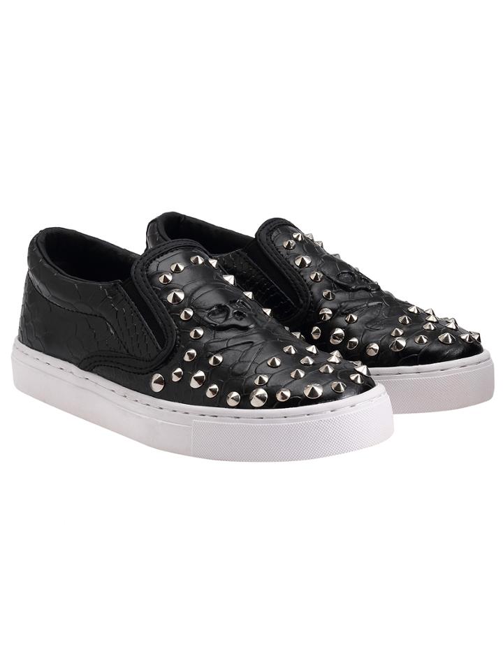 Romwe Black Thick-soled Bead Casual Pu Flats