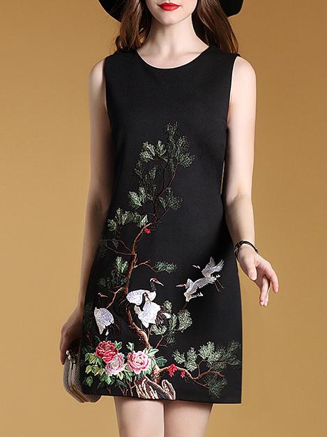 Romwe Black Sleeveless Crane Shift Dress