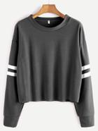 Romwe Deep Grey Drop Shoulder Varsity Striped Crop T-shirt