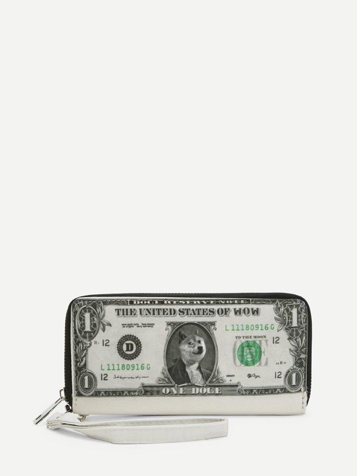 Romwe Shiba Inu Print Zip Around Purse