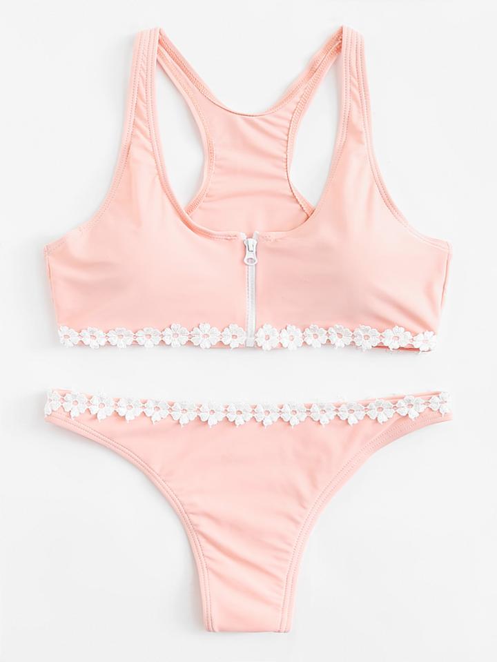 Romwe Flower Trim Zipper Bikini Set