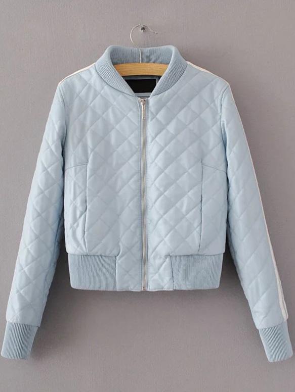 Romwe Blue Striped Sleeve Zipper Up Pu Jacket