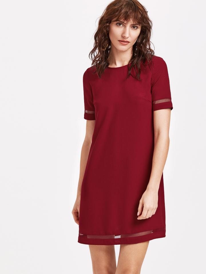 Romwe Wine Red Mesh Insert Tunic Dress
