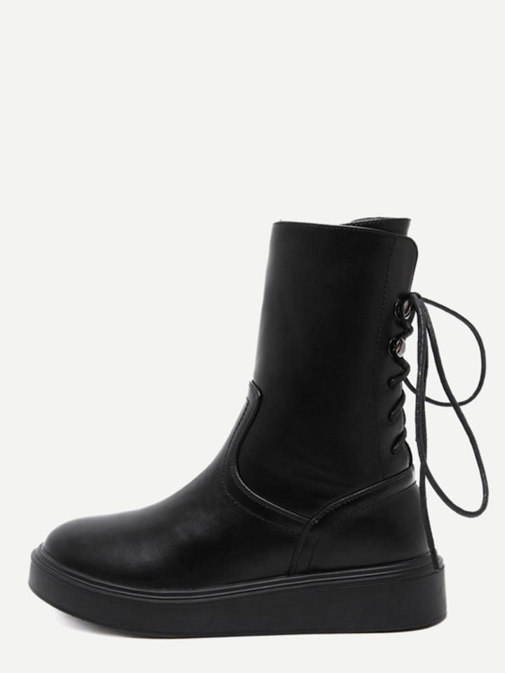Romwe Black Faux Leather Tie Back Side Zipper Short Boots