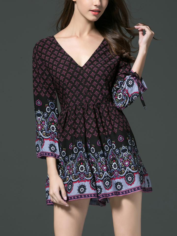Romwe Black Vintage Print Double V Neck Romper