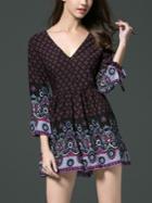 Romwe Black Vintage Print Double V Neck Romper