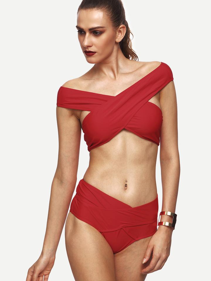 Romwe Red Off The Shoulder Cross Wrap Bikini Set