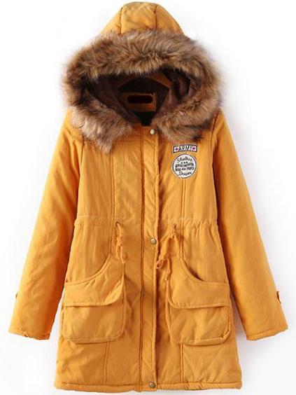 Romwe Hooded Drawstring Letter Patch Yellow Coat