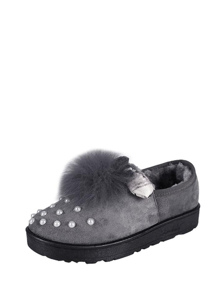 Romwe Faux Fur & Pearl Decorated Knotted Detail Flats