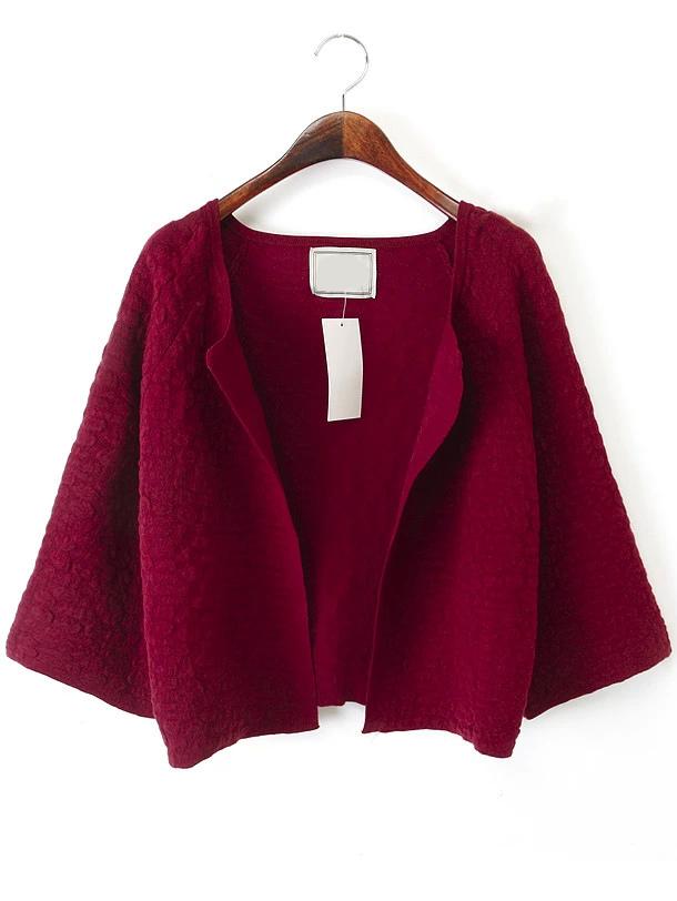 Romwe Open Front 3/4 Sleeve Jacquard Crop Wine Red Coat