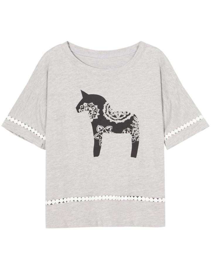 Romwe Horse Print With Lace Grey T-shirt