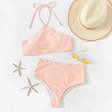 Romwe Scalloped Trim Top With High Waist Bikini Set