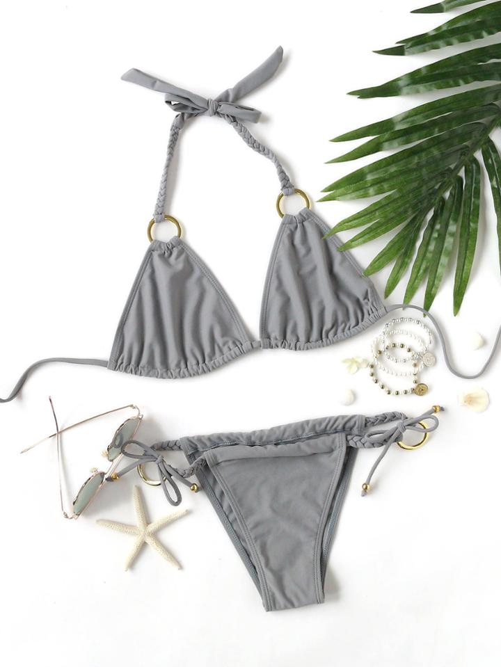 Romwe Grey Ring Detail Braided Strap Triangle Bikini Set