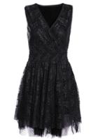 Romwe V Neck Irregular Lace Hem Black Dress