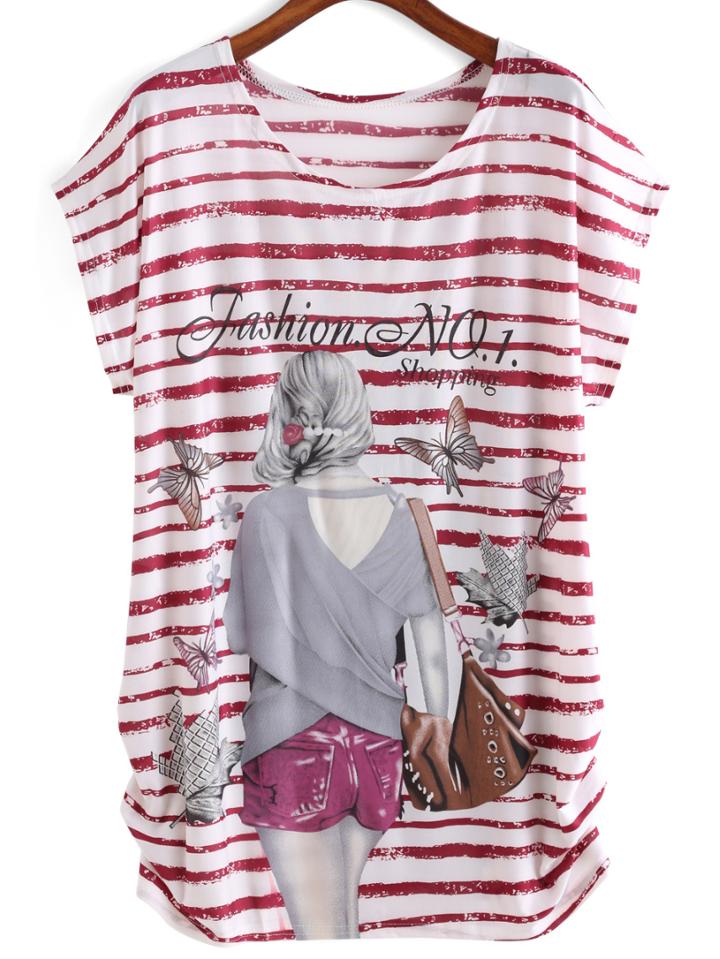 Romwe Striped Butterfly Print T-shirt