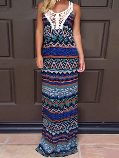 Romwe Contrast Crochet Hollow Out Tribal Print Maxi Dress