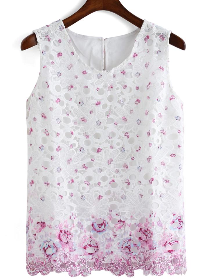 Romwe Flower Print Hollow Pink Tank Top