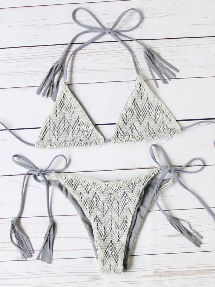 Romwe Grey Triangle Tie Side Lace Bikini Set