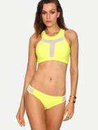 Romwe Mesh Insert Racerback Bikini Set - Yellow