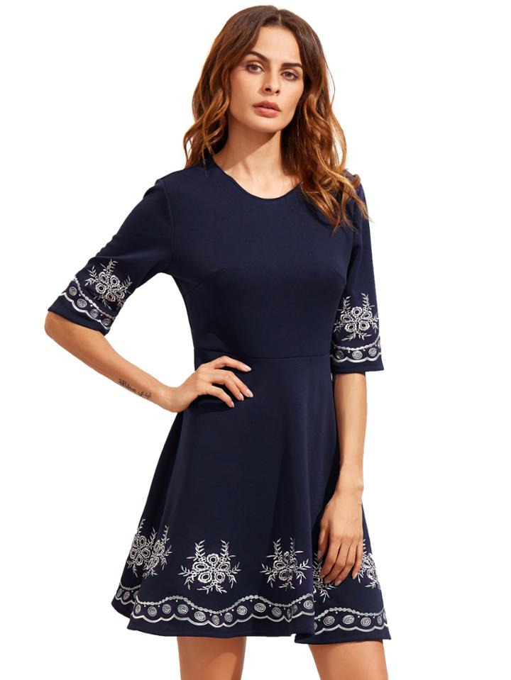 Romwe Navy Embroidered Half Sleeve Flare Dress