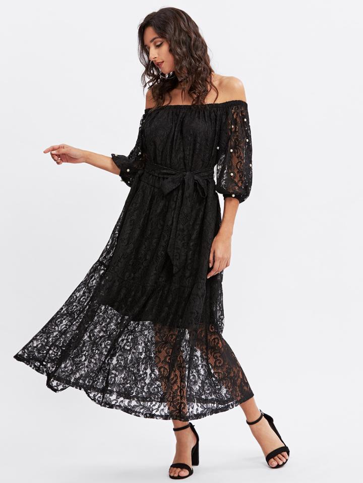 Romwe Pearl Beading Lantern Sleeve Lace Bardot Dress