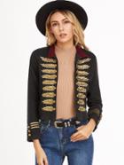 Romwe Black Contrast Collar Double Breasted Embroidered Coat