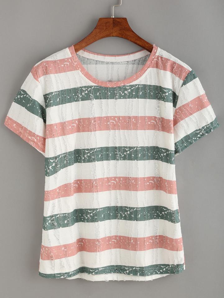 Romwe Red & Blue Striped Frayed T-shirt