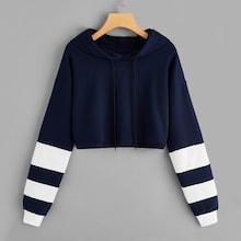 Romwe Striped Panel Drawstring Crop Hoodie