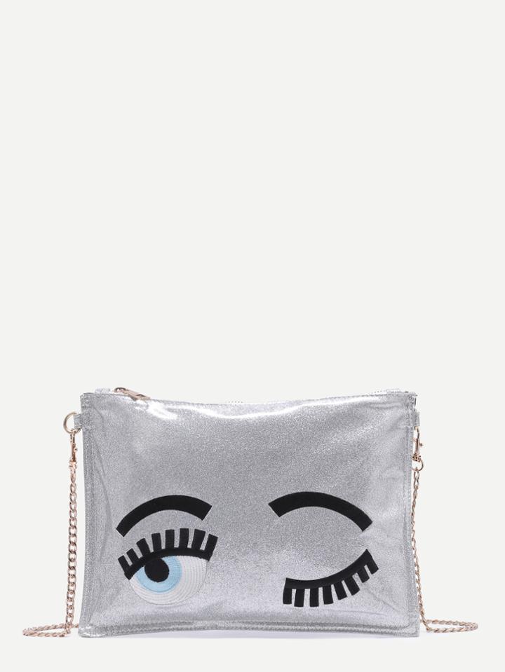 Romwe Silver Blinking Eye Glitter Sequins Clutch Bag With Chain Strap
