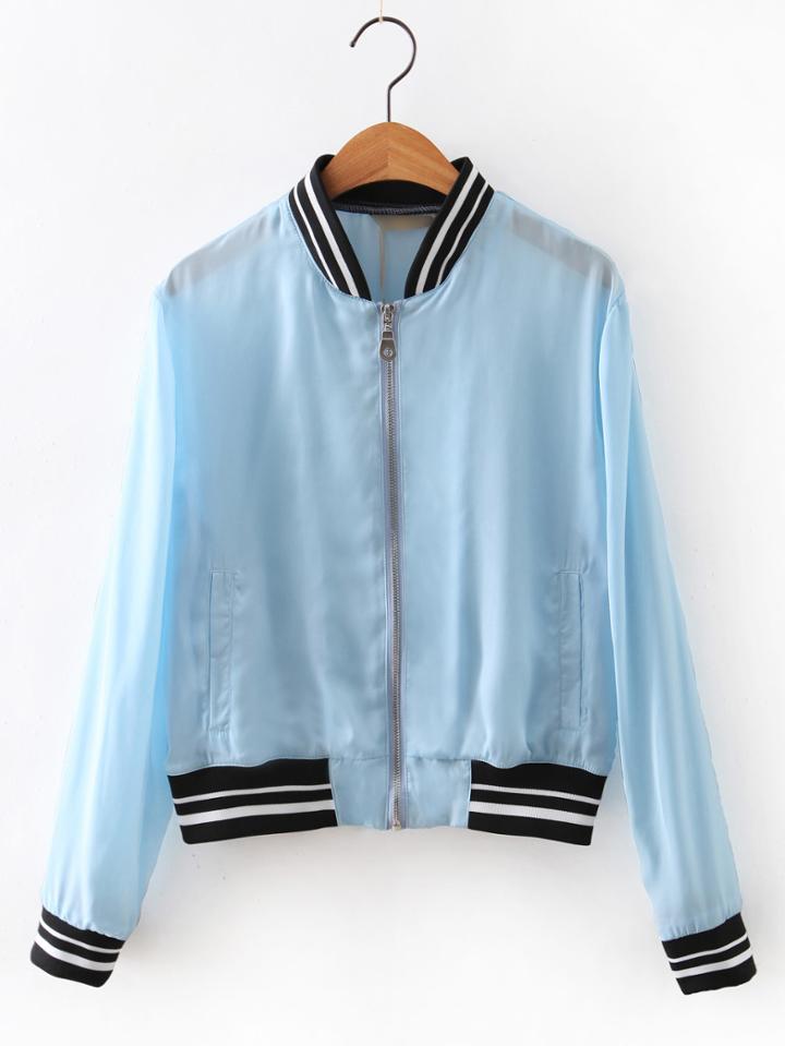 Romwe Blue Rib-knit Cuff Zipper Jacket