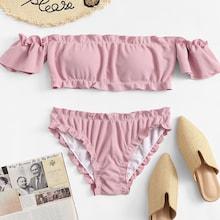 Romwe Off The Shoulder Lettuce Trim Bikini Set