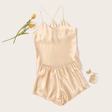 Romwe Satin Cami Top With Shorts Pj Set