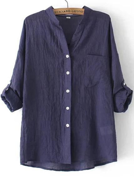Romwe Blue Stand Collar Pocket Loose Blouse